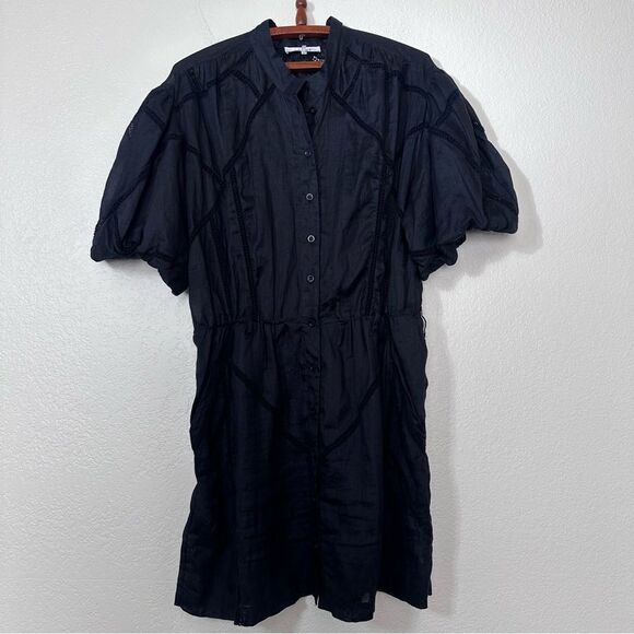 Frame Denim Black Mini Dress with Puff Sleeves and Mandarin Collar - Picture 2 of 11